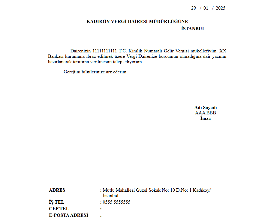 Vergi Borcu Yoktur Yazısı Alma Dilekçesi 