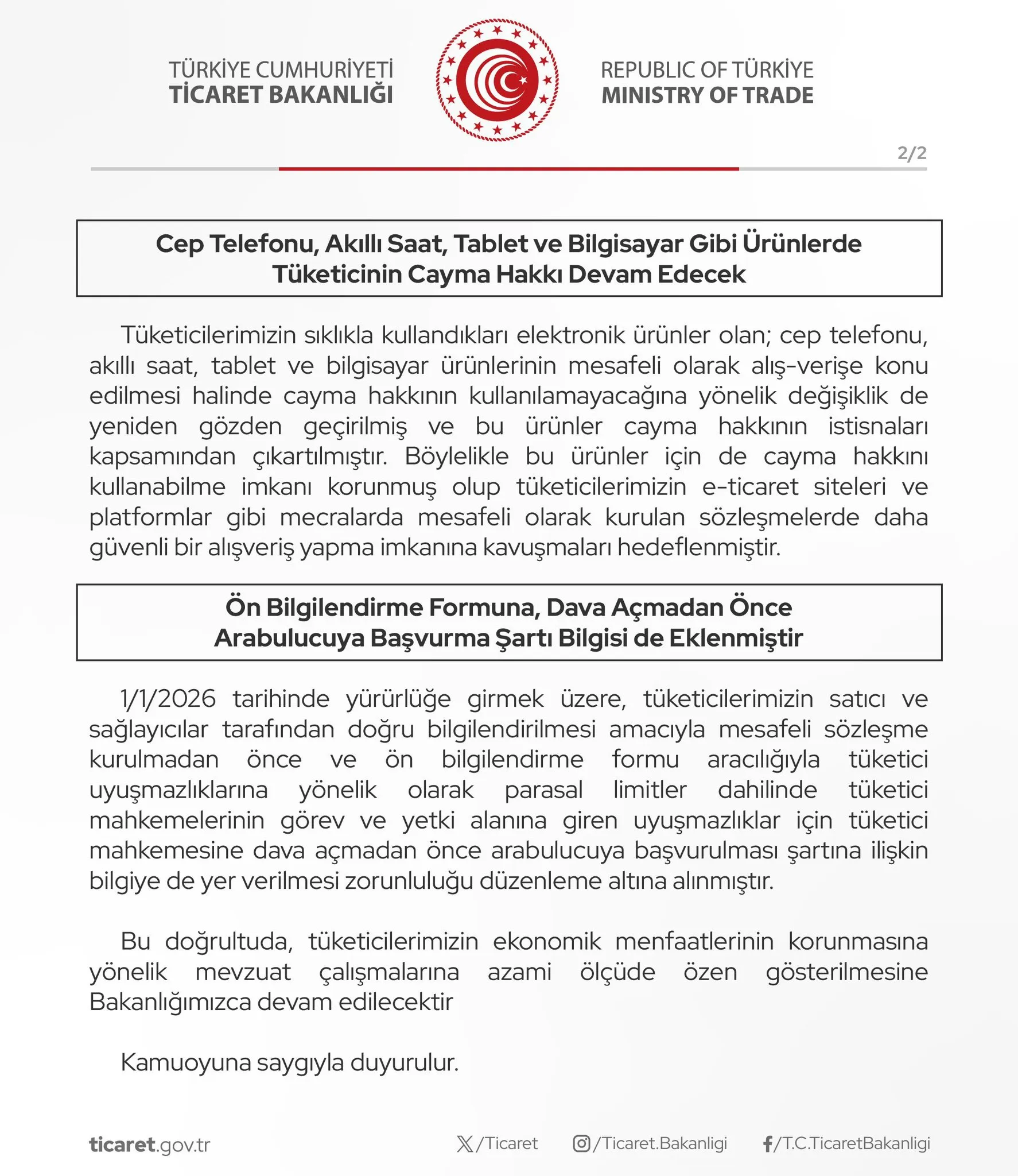 Ticaret Bakanligi Aciklama